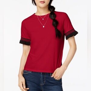 ZARA Ruffle Crew Neck Cropped Tee T-Shirt Contrast Size S Red Black